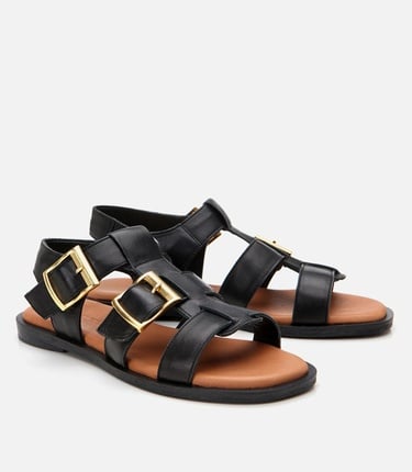  Kadın Deri Siyah Kemerli Düz Sandalet