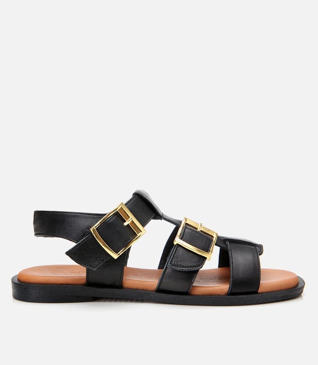  Kadın Deri Siyah Kemerli Düz Sandalet