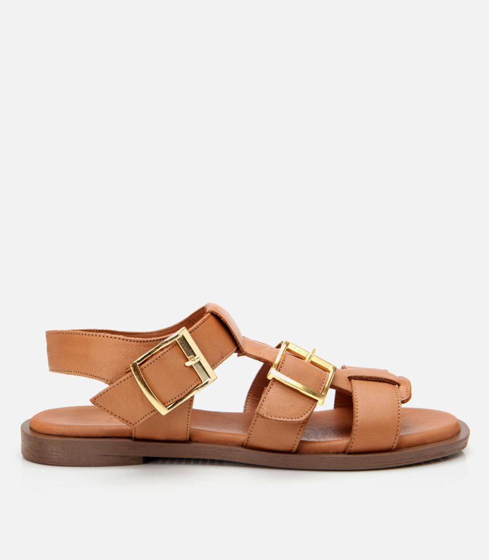  Kadın Deri Taba Kemerli Düz Sandalet