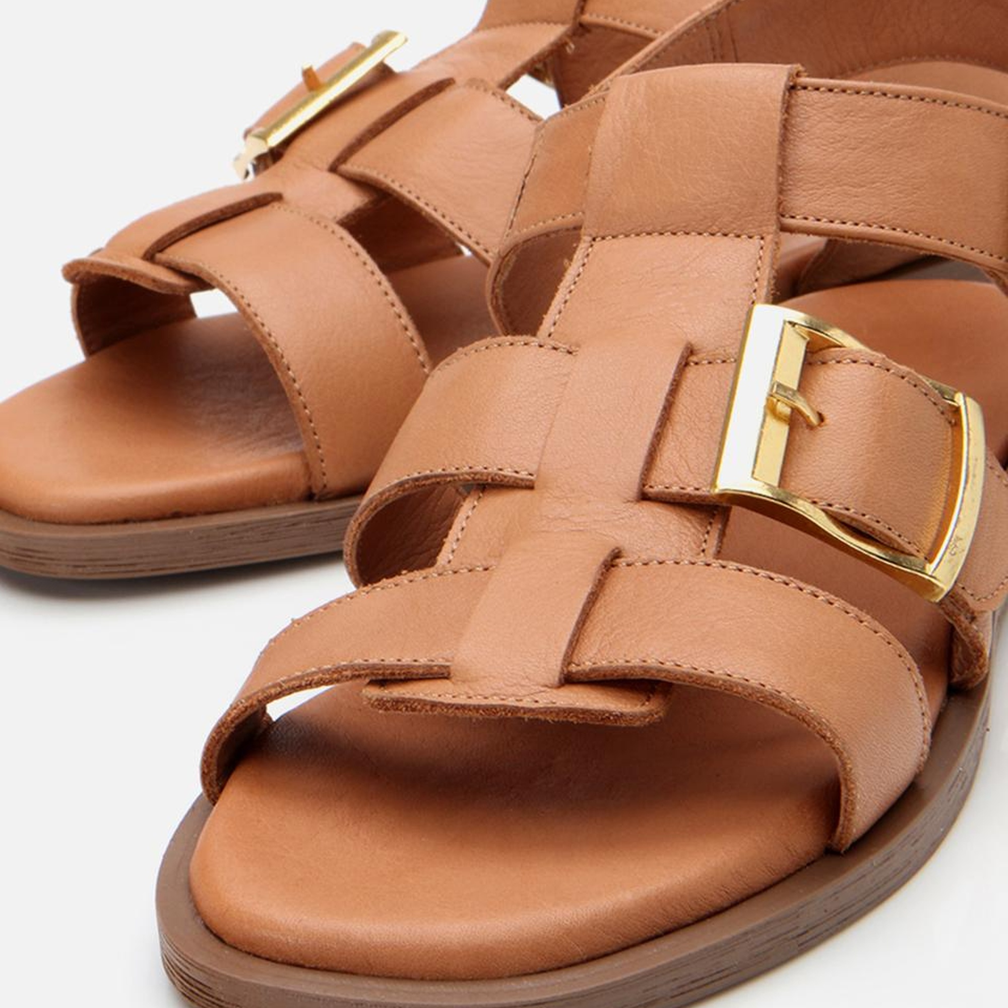 Kadın Deri Taba Kemerli Düz Sandalet