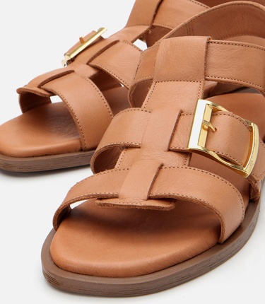  Kadın Deri Taba Kemerli Düz Sandalet