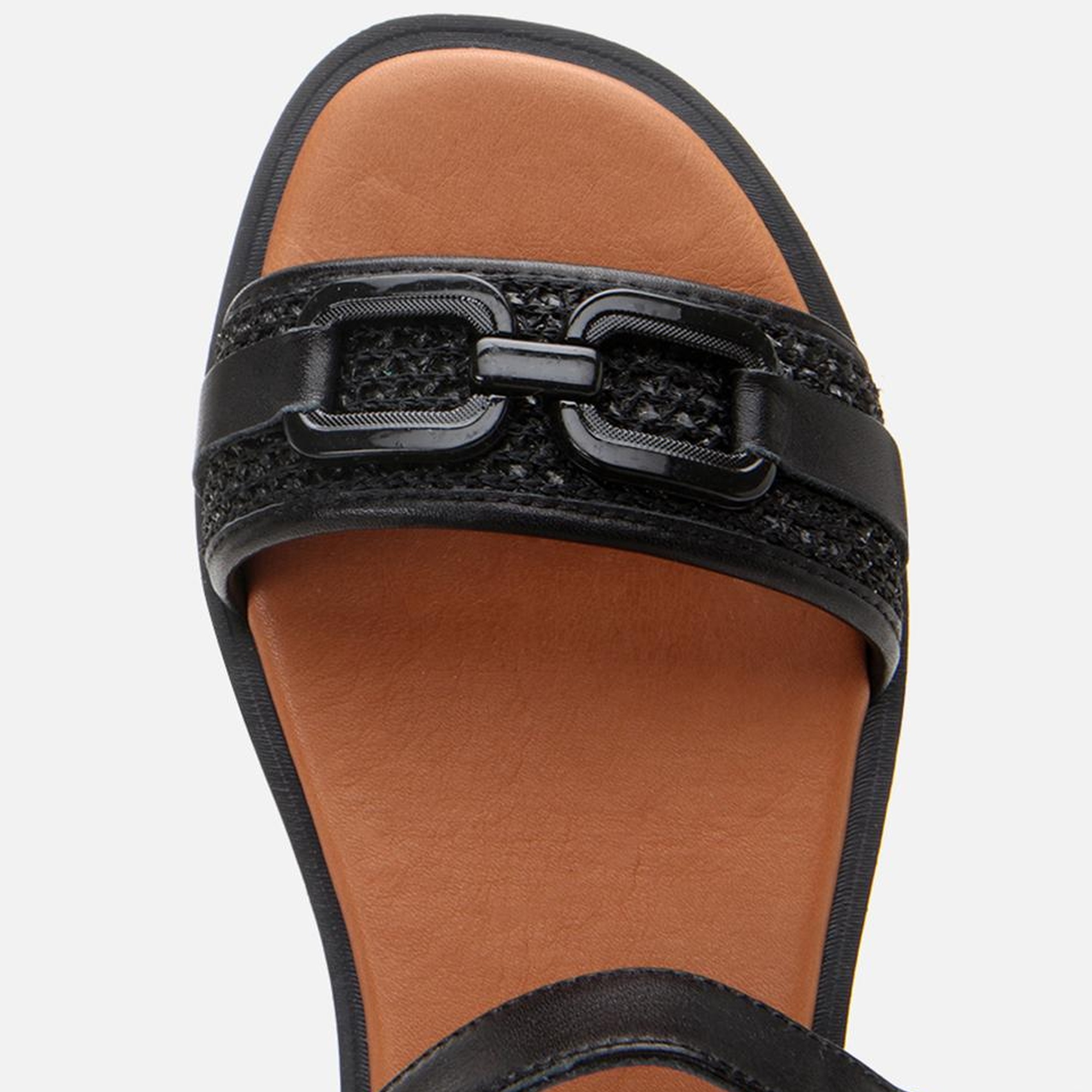 Kadın Deri Siyah Hasır Detaylı Düz Sandalet