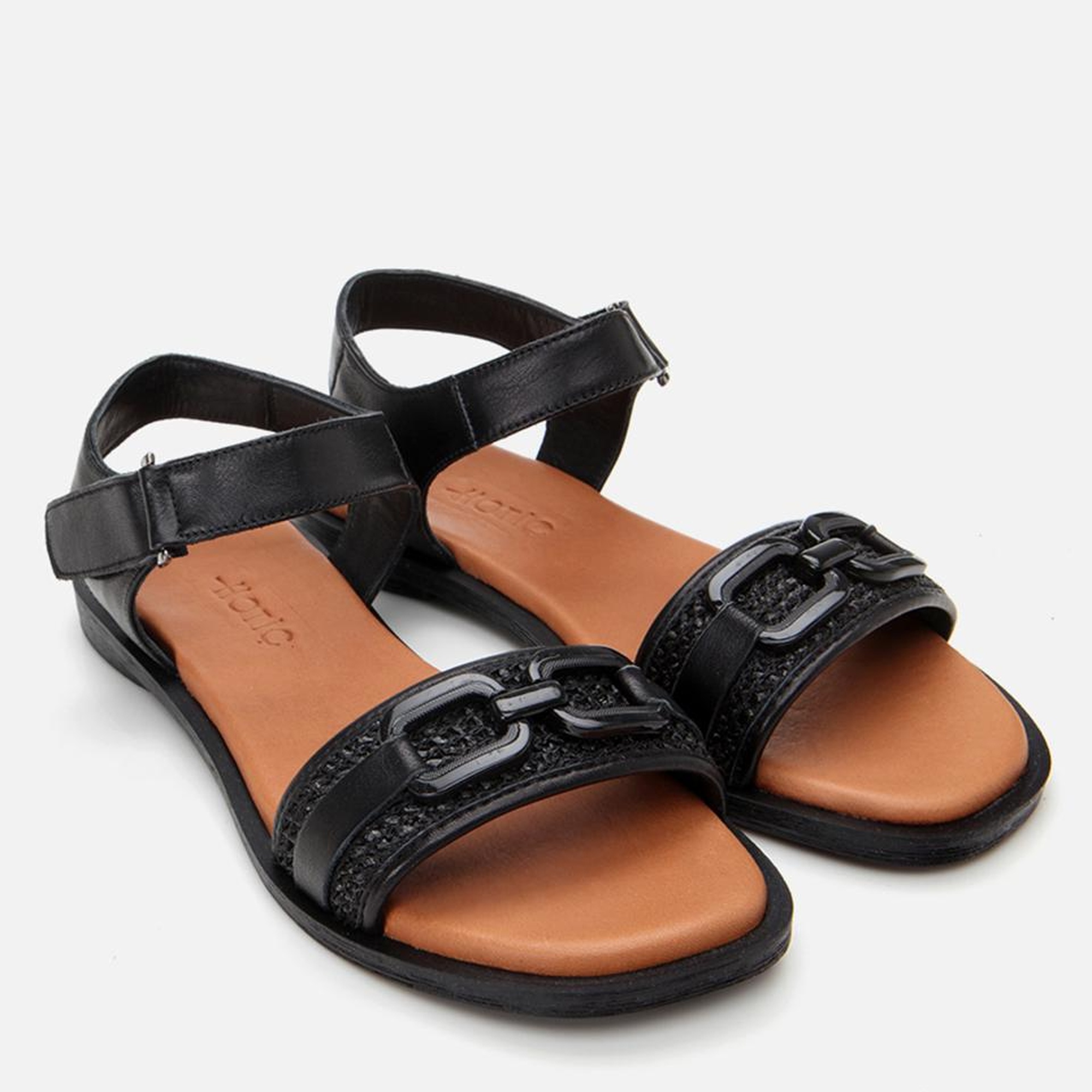 Kadın Deri Siyah Hasır Detaylı Düz Sandalet