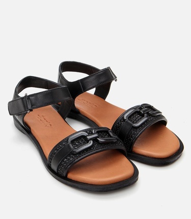  Kadın Deri Siyah Hasır Detaylı Düz Sandalet