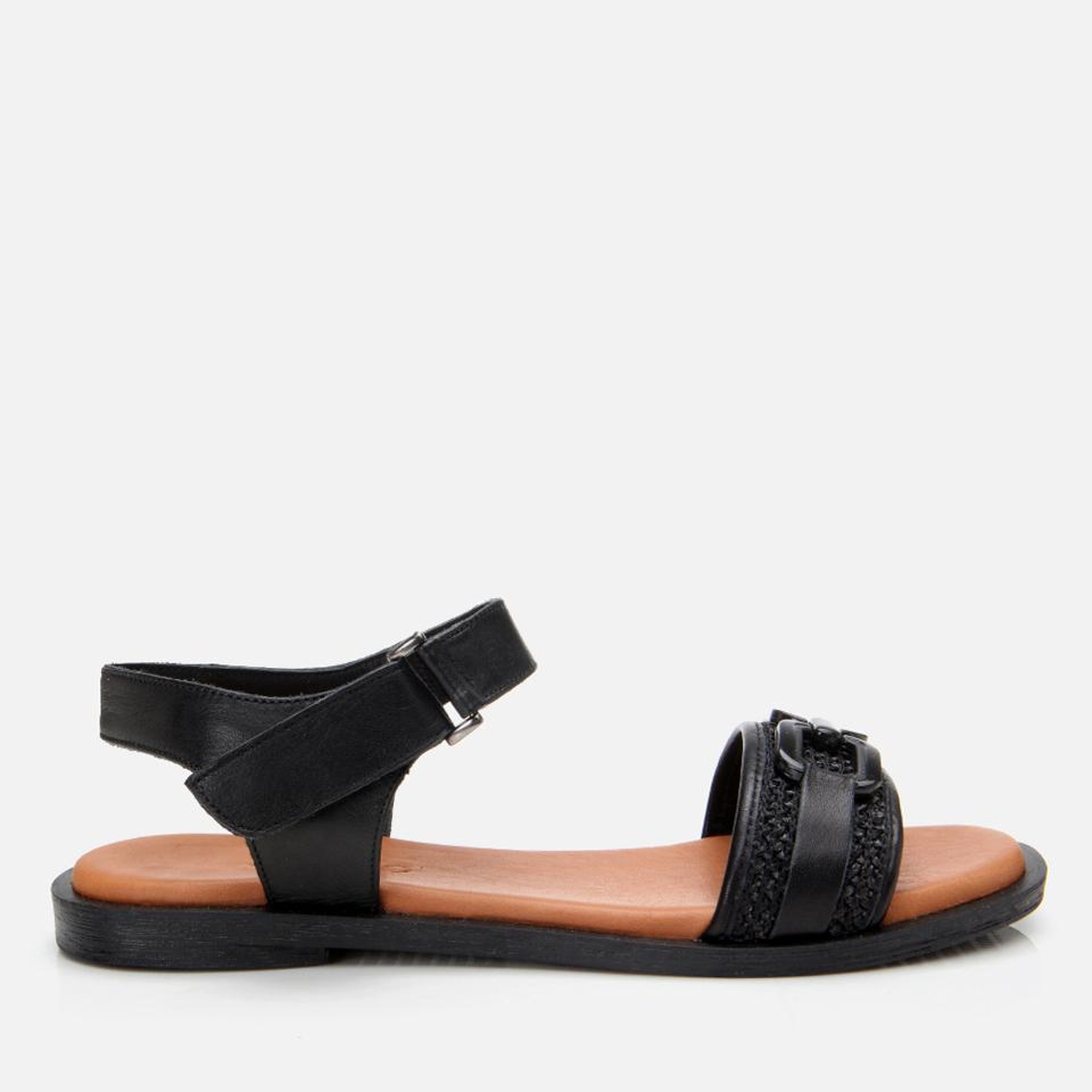 Kadın Deri Siyah Hasır Detaylı Düz Sandalet