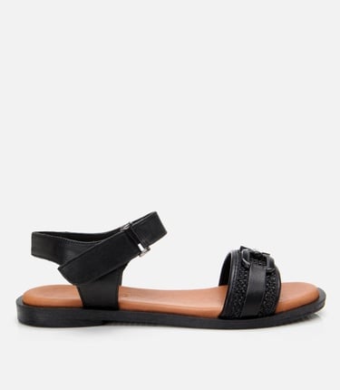  Kadın Deri Siyah Hasır Detaylı Düz Sandalet