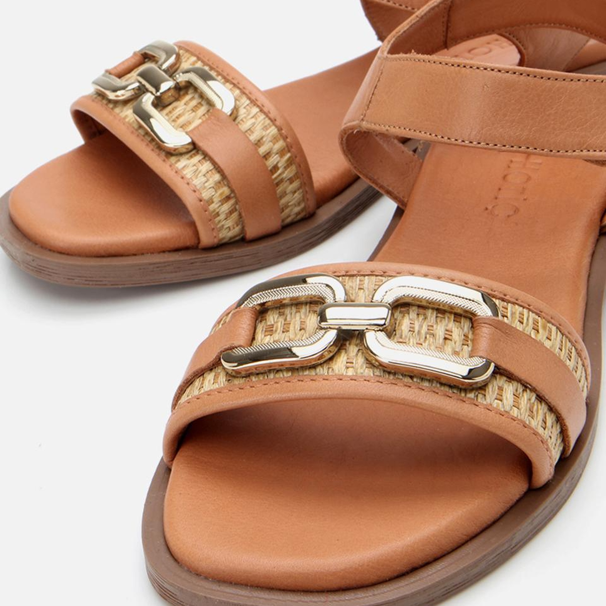 Kadın Deri Taba Hasır Detaylı Düz Sandalet