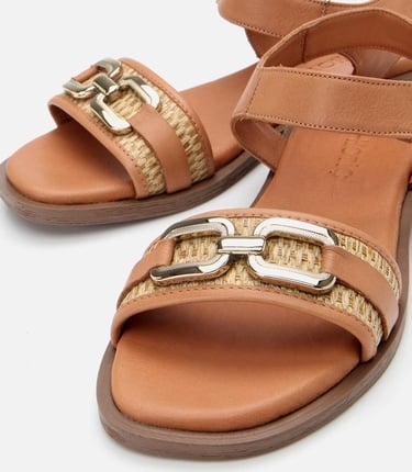  Kadın Deri Taba Hasır Detaylı Düz Sandalet