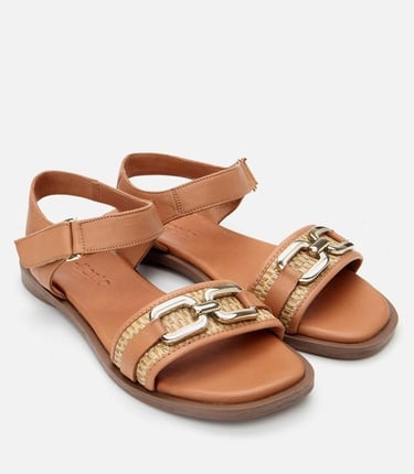  Kadın Deri Taba Hasır Detaylı Düz Sandalet