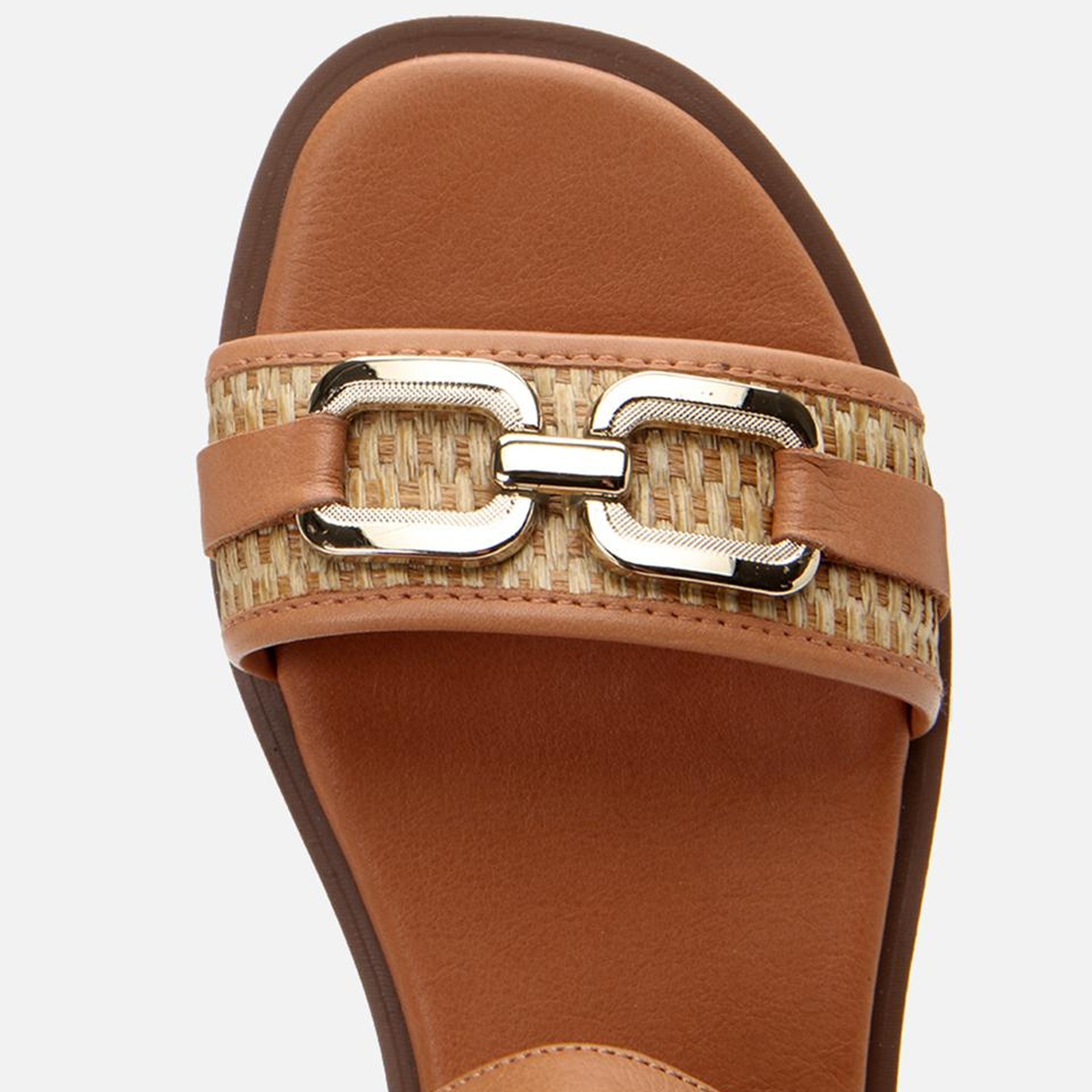 Kadın Deri Taba Hasır Detaylı Düz Sandalet