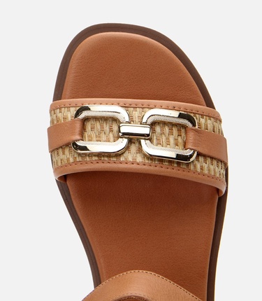  Kadın Deri Taba Hasır Detaylı Düz Sandalet