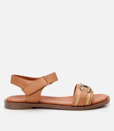  Kadın Deri Taba Hasır Detaylı Düz Sandalet