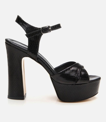  Kadın Siyah Yılan Desenli Abiye Yüksek Topuklu Sandalet