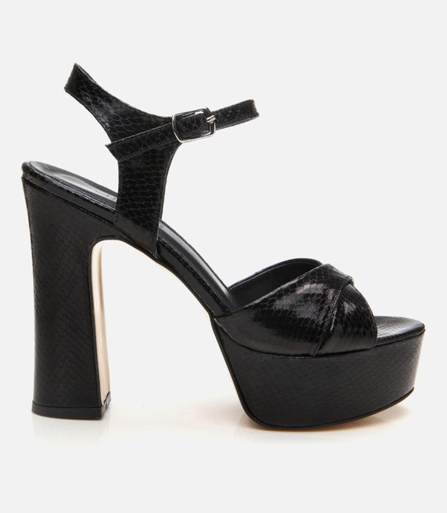  Kadın Siyah Yılan Desenli Abiye Yüksek Topuklu Sandalet