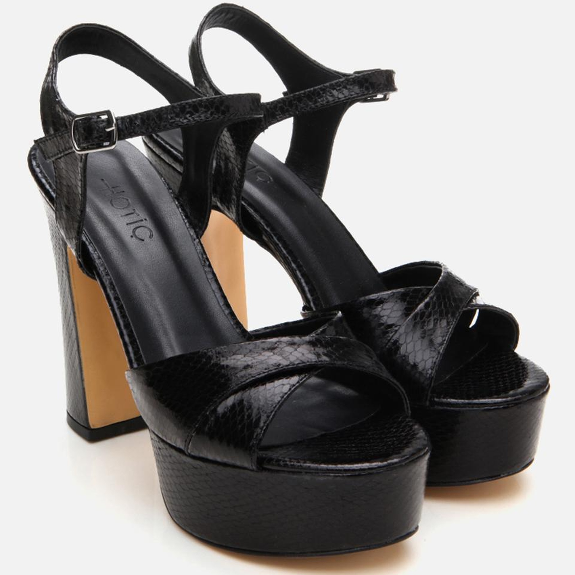 Kadın Siyah Yılan Desenli Abiye Yüksek Topuklu Sandalet