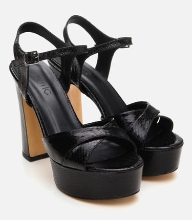  Kadın Siyah Yılan Desenli Abiye Yüksek Topuklu Sandalet