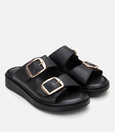  Kadın Deri Siyah Kemerli Düz Terlik