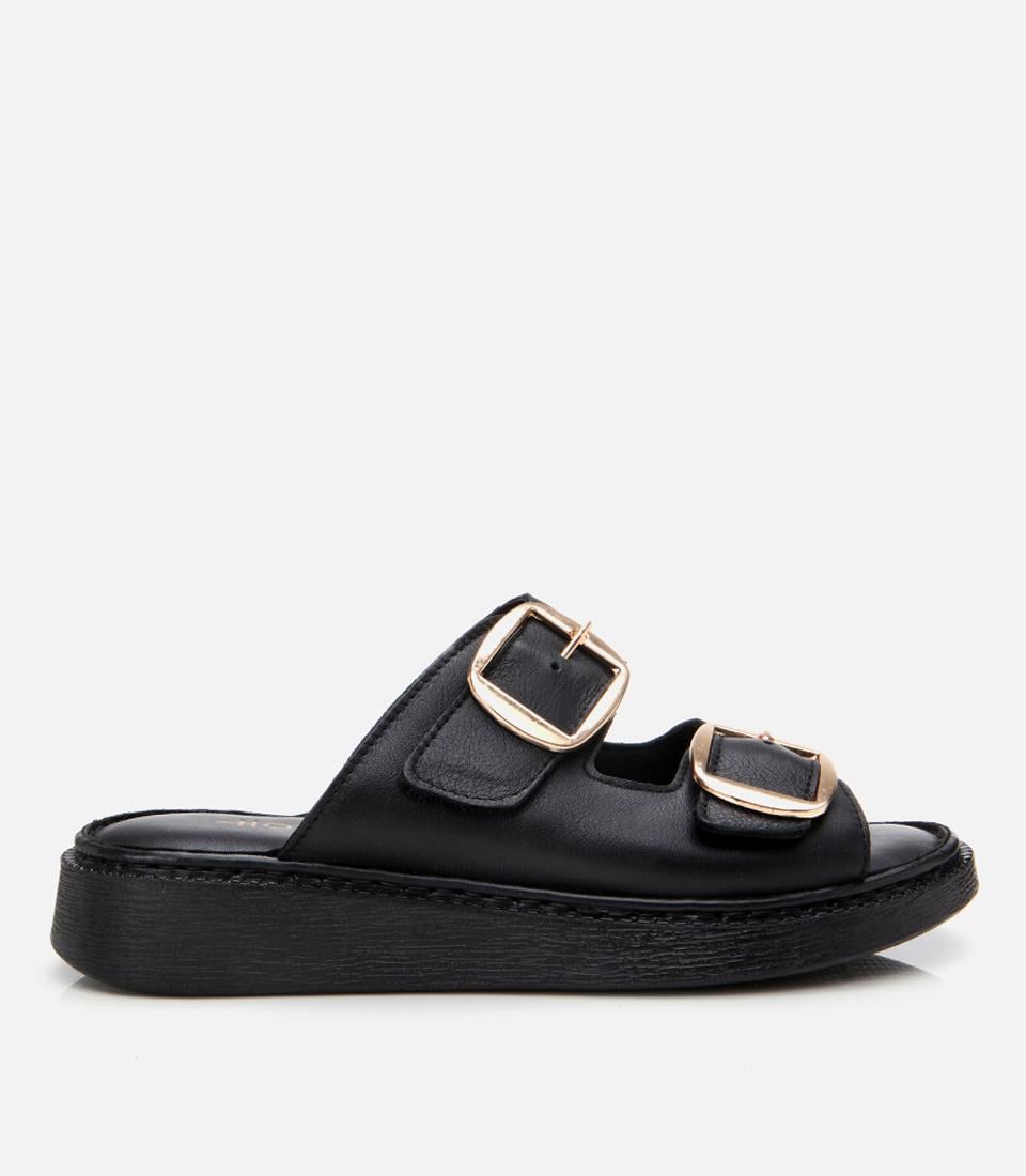  Kadın Deri Siyah Kemerli Düz Terlik