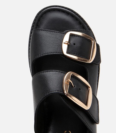  Kadın Deri Siyah Kemerli Düz Terlik