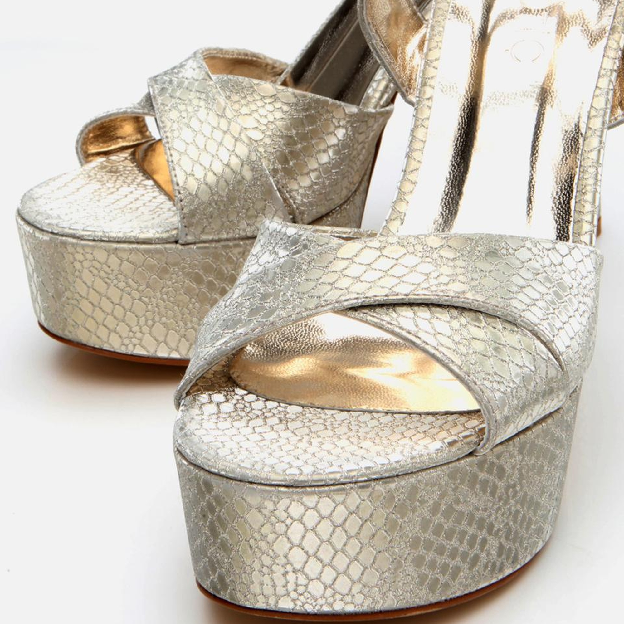 Kadın Gold Yılan Desenli Abiye Yüksek Topuklu Sandalet