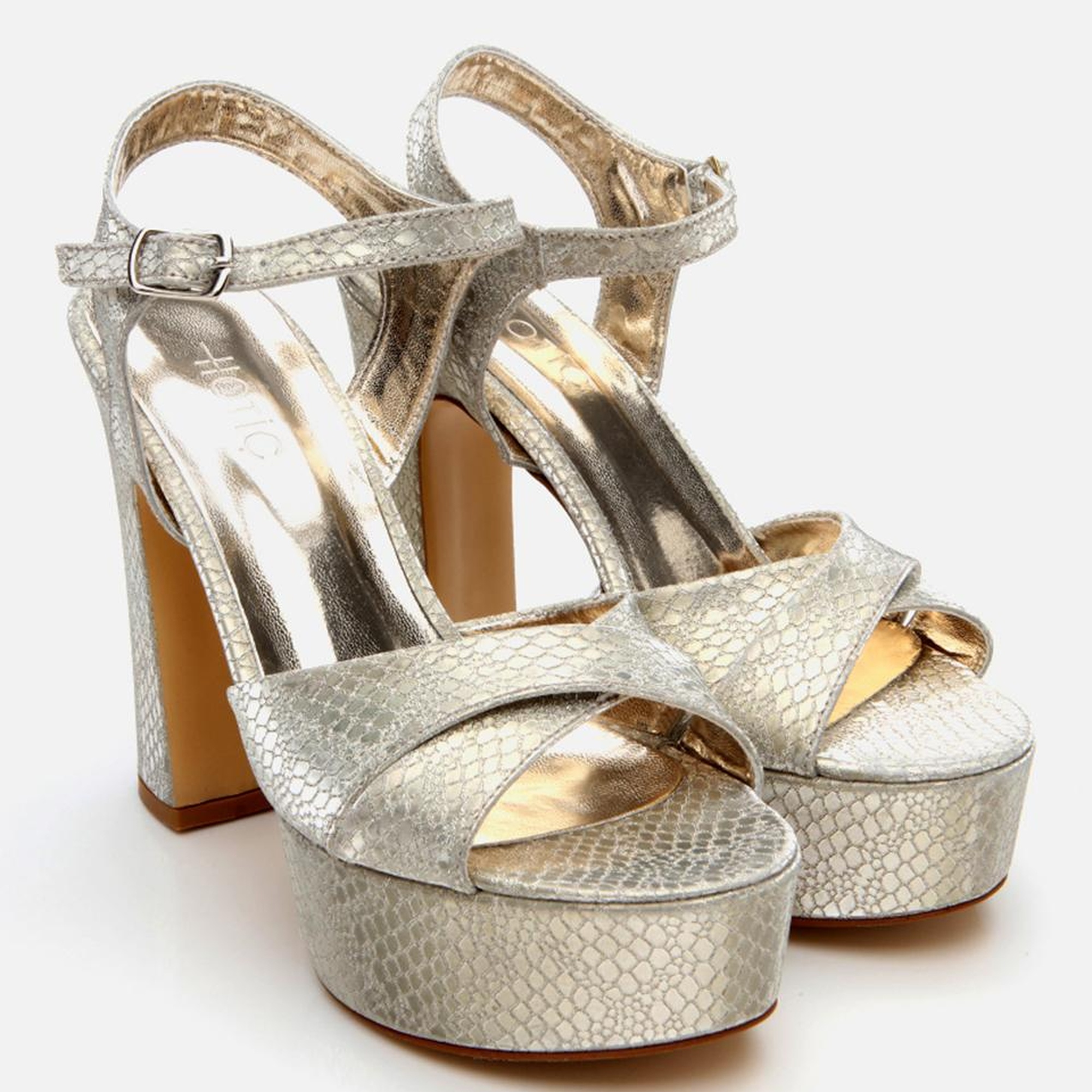 Kadın Gold Yılan Desenli Abiye Yüksek Topuklu Sandalet