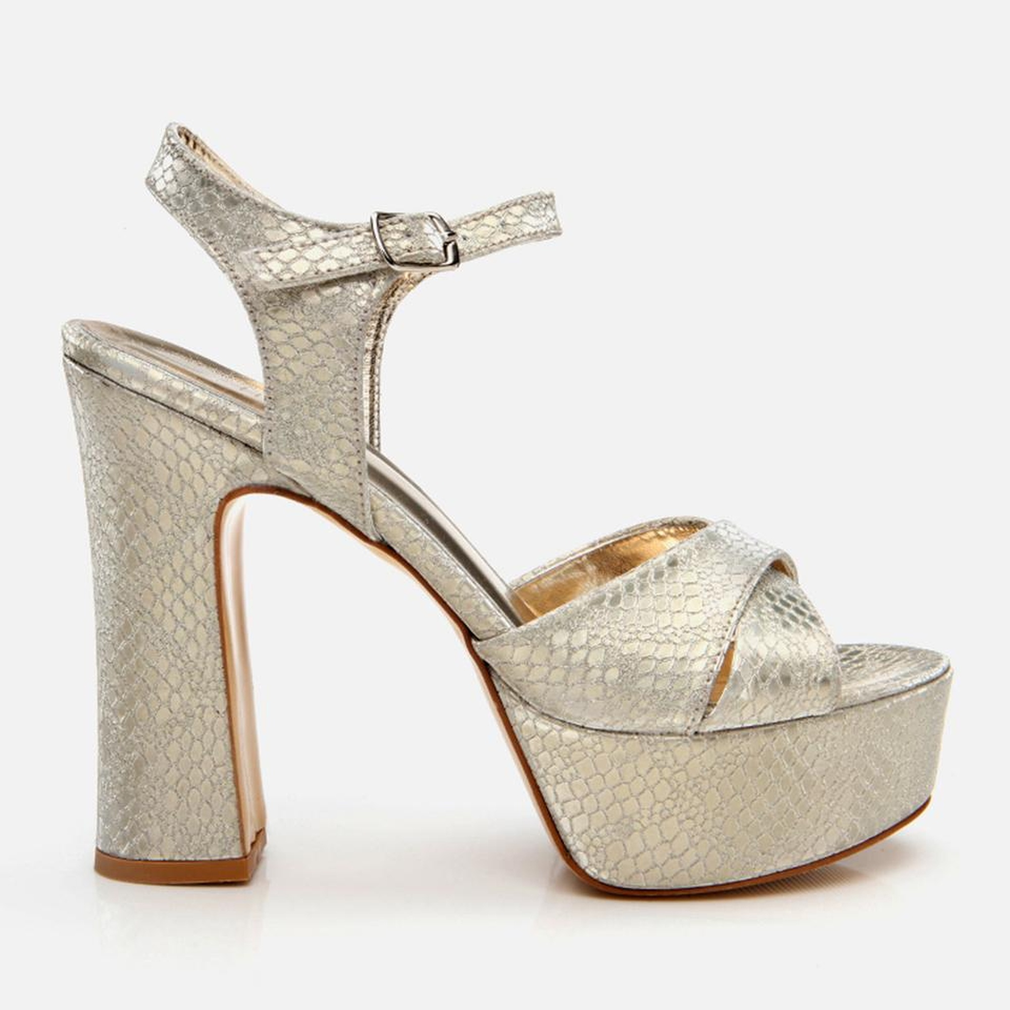 Kadın Gold Yılan Desenli Abiye Yüksek Topuklu Sandalet