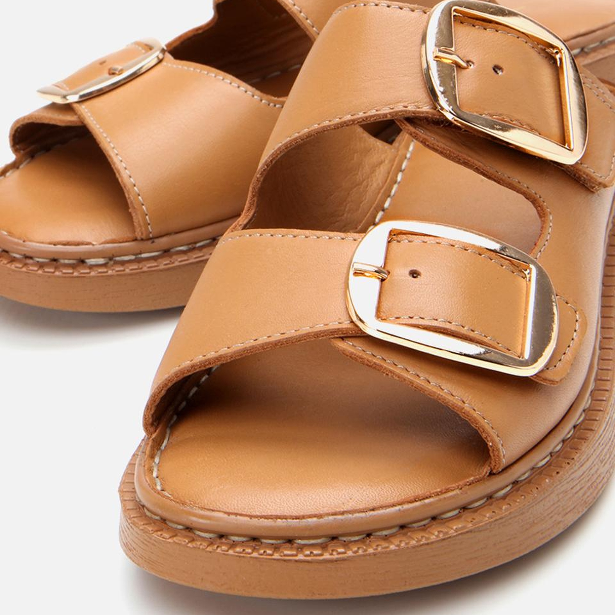 Kadın Deri Taba Kemerli Düz Terlik