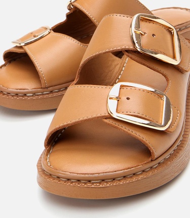  Kadın Deri Taba Kemerli Düz Terlik