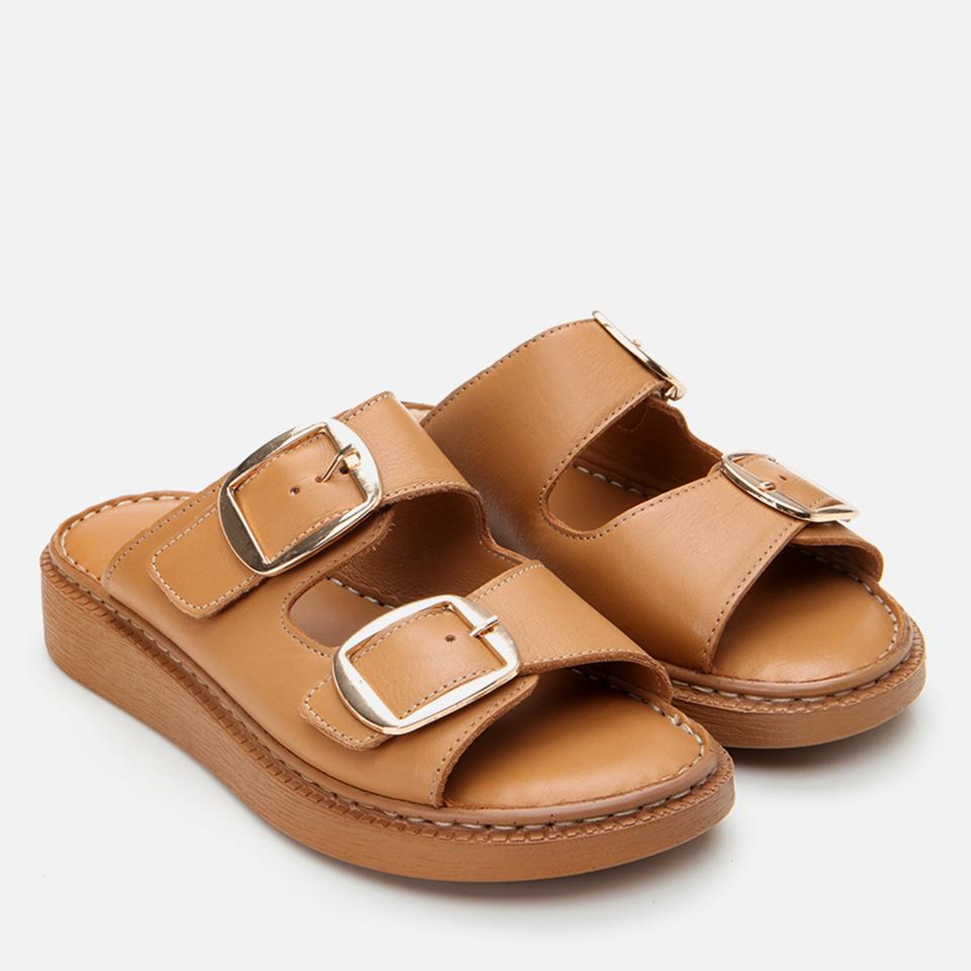 Kadın Deri Taba Kemerli Düz Terlik