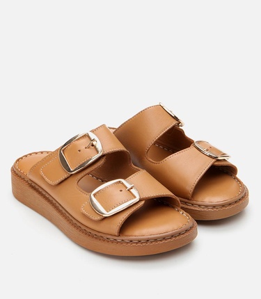  Kadın Deri Taba Kemerli Düz Terlik