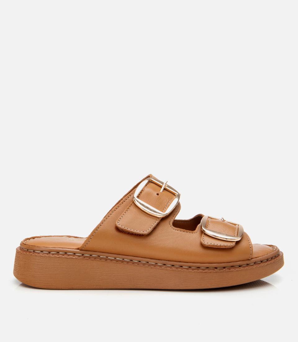  Kadın Deri Taba Kemerli Düz Terlik