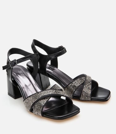  Kadın Siyah Taşlı Abiye Kalın Topuklu Sandalet