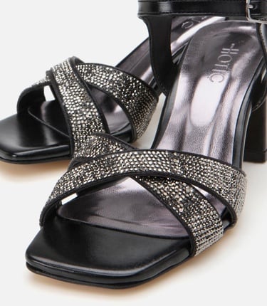  Kadın Siyah Taşlı Abiye Kalın Topuklu Sandalet