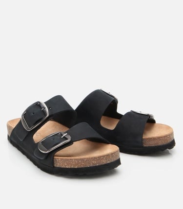  Kadın Nubuk Deri Siyah Kemerli Düz Terlik