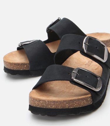  Kadın Nubuk Deri Siyah Kemerli Düz Terlik