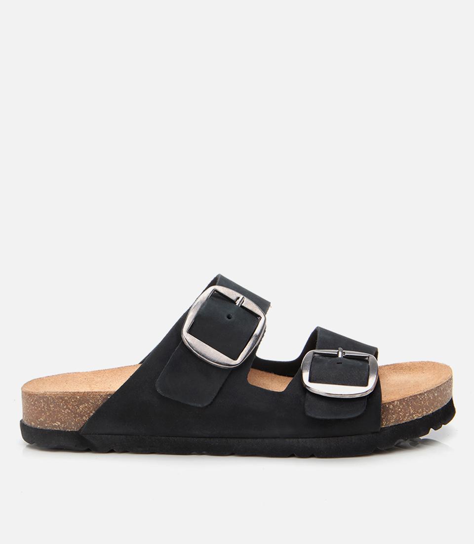  Kadın Nubuk Deri Siyah Kemerli Düz Terlik