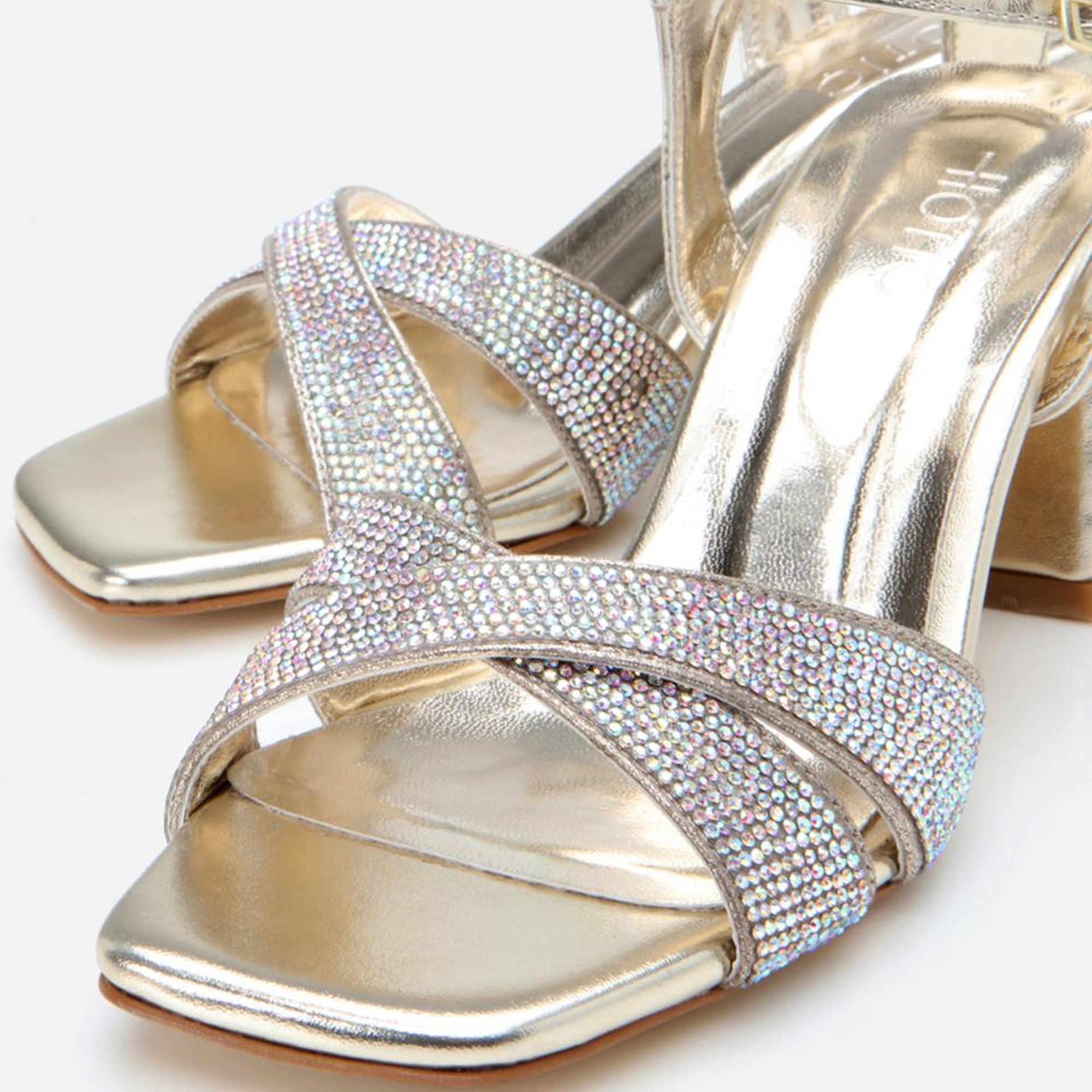 Kadın Gold Taşlı Abiye Kalın Topuklu Sandalet