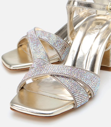  Kadın Gold Taşlı Abiye Kalın Topuklu Sandalet