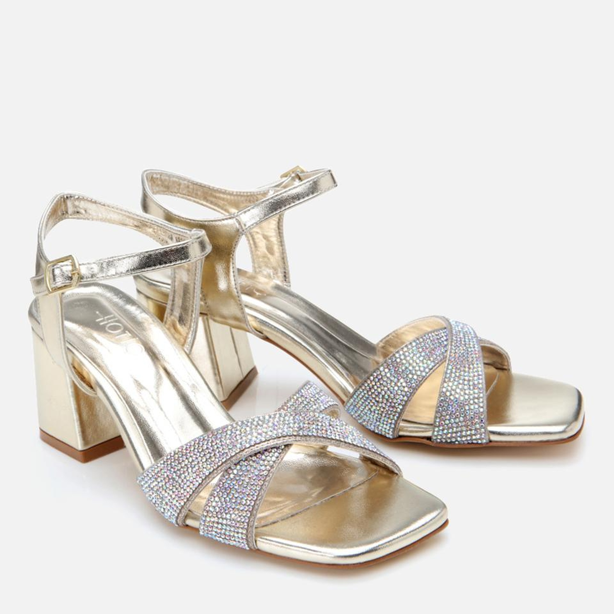 Kadın Gold Taşlı Abiye Kalın Topuklu Sandalet