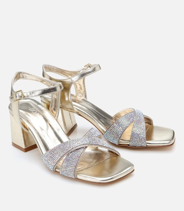  Kadın Gold Taşlı Abiye Kalın Topuklu Sandalet