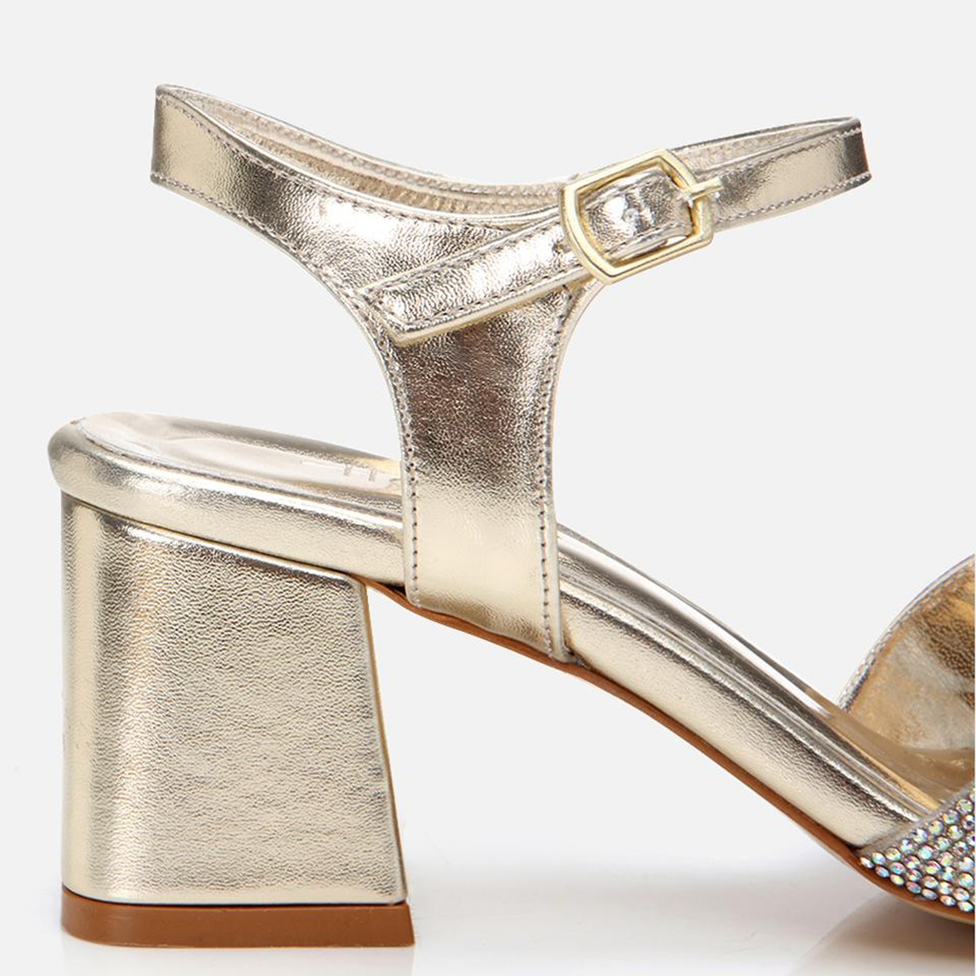 Kadın Gold Taşlı Abiye Kalın Topuklu Sandalet