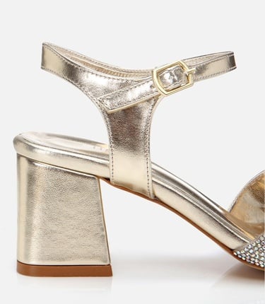  Kadın Gold Taşlı Abiye Kalın Topuklu Sandalet