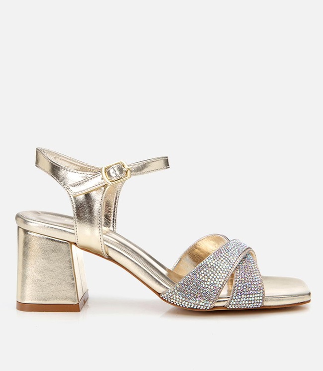  Kadın Gold Taşlı Abiye Kalın Topuklu Sandalet