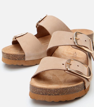  Kadın Nubuk Deri Bej Kemerli Düz Terlik