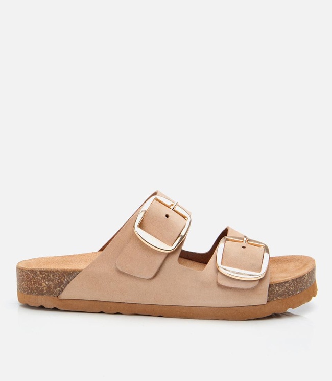  Kadın Nubuk Deri Bej Kemerli Düz Terlik