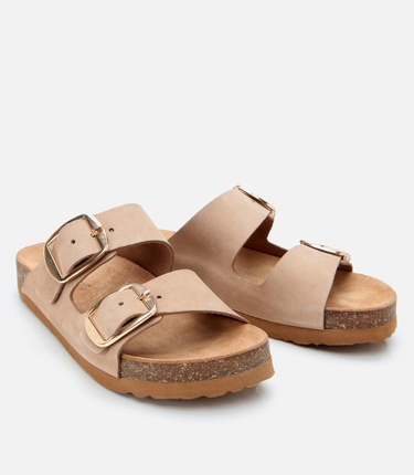  Kadın Nubuk Deri Bej Kemerli Düz Terlik