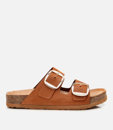  Kadın Nubuk Deri Taba Kemerli Düz Terlik