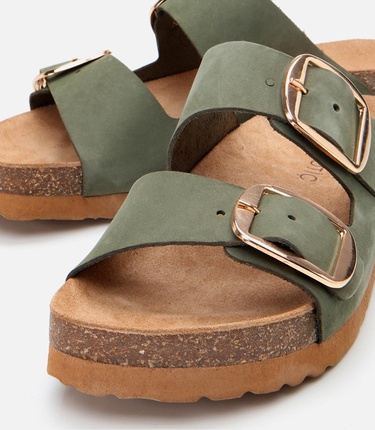  Kadın Nubuk Deri Yeşil Kemerli Düz Terlik
