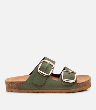  Kadın Nubuk Deri Yeşil Kemerli Düz Terlik