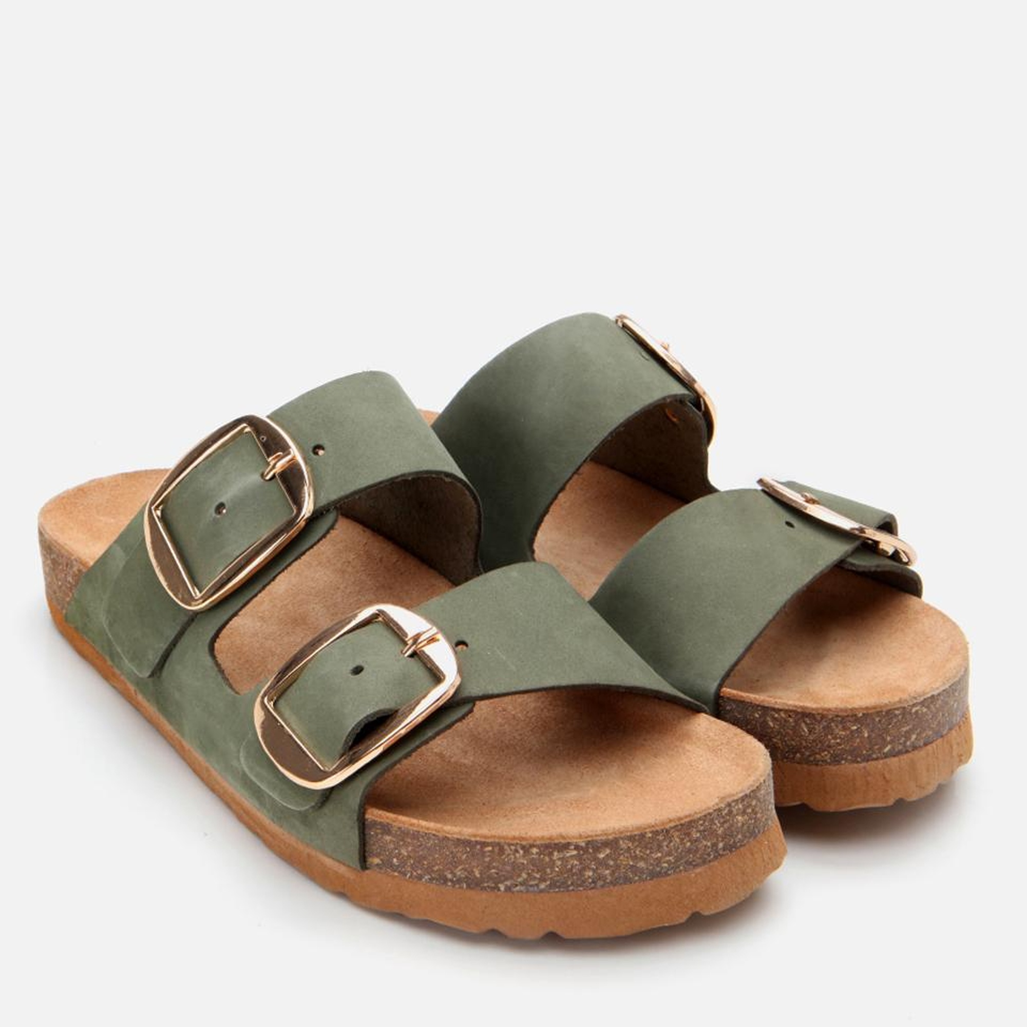 Kadın Nubuk Deri Yeşil Kemerli Düz Terlik